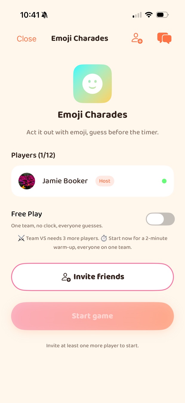 The Emoji Charades lobby. Under the subtitle “Act it out with emoji, guess before
                  the timer” it reads Players (1 of 12) and lists one player marked Host. A Free Play
                  toggle is off, with the note “One team, no clock, everyone guesses.” The only way
                  forward is a button reading Invite friends; Start game is disabled, with “Invite at
                  least one more player to start.” underneath.