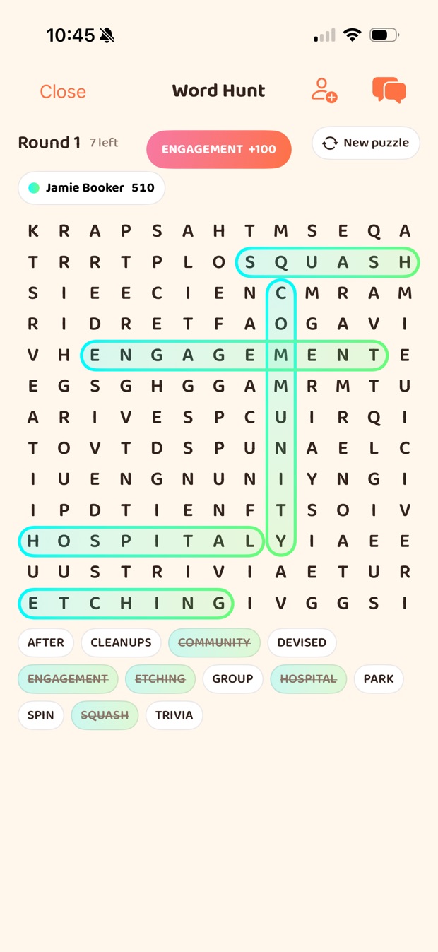 A Word Hunt round in progress: a grid of letters with SQUASH, ENGAGEMENT, COMMUNITY,
                HOSPITAL and ETCHING traced out on it, a running score, and a list of the words
                found so far.