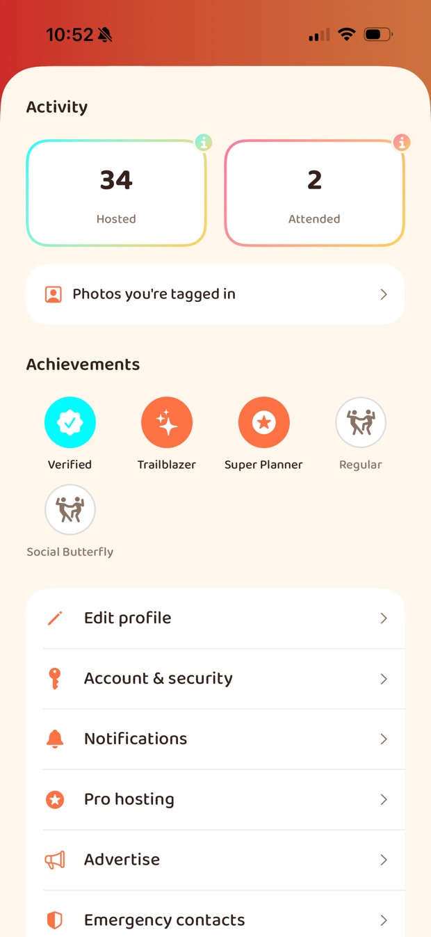 A profile's Activity section: two tiles reading 34 Hosted and 2 Attended, each with
                  an information marker, and a row for photos you're tagged in. Below, an
                  Achievements row showing Verified, Trailblazer and Super Planner earned in colour,
                  with Regular and Social Butterfly greyed out.